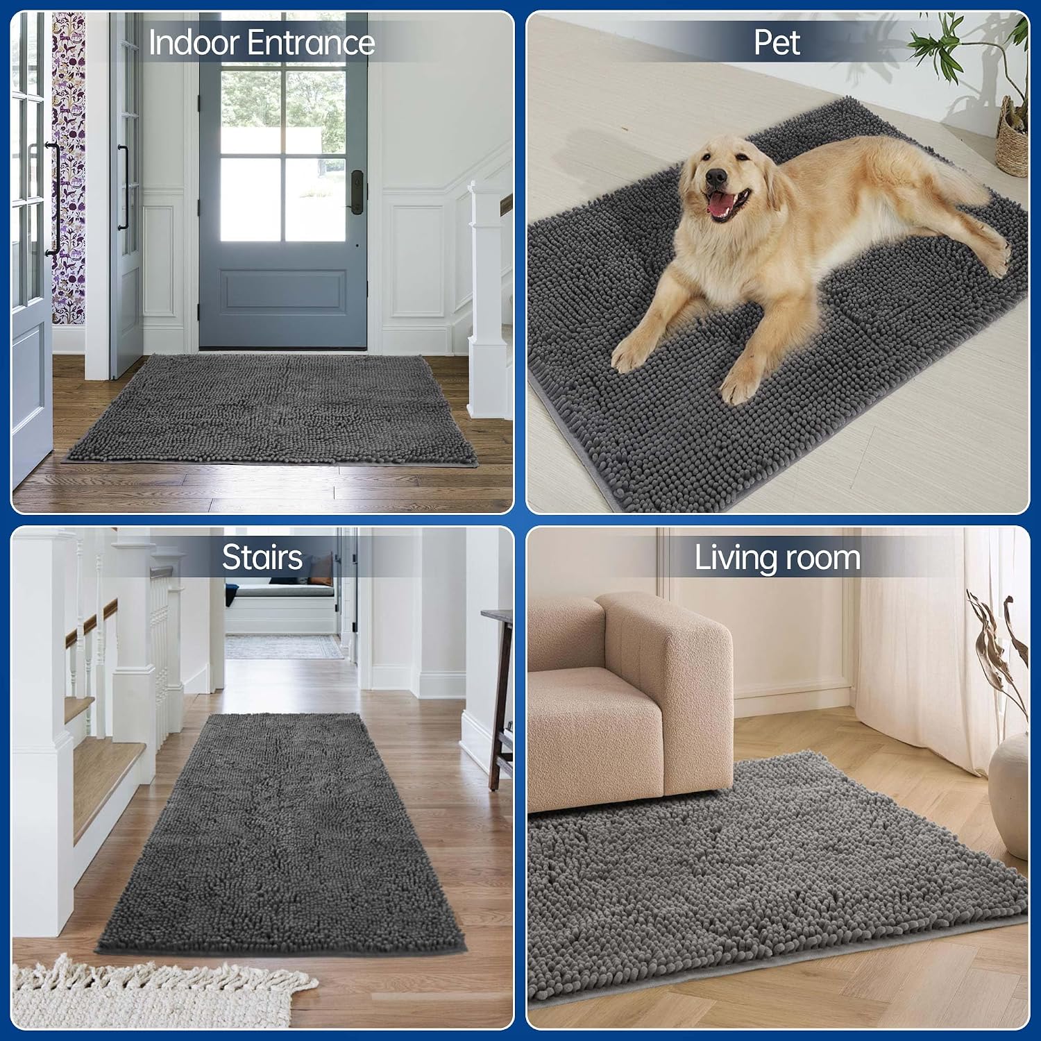 Naturei Chenille Absorbent Front Door Mat 48" x 36", Dog Door Mat for Muddy Paws, Trap Dirt Doormat - Image 6